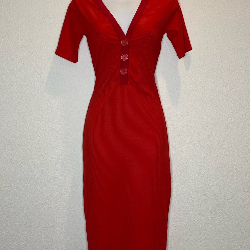 Zara Women’s Red Body Con Dress With Red Button Detail Size Small